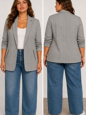 Rachel Zoe Plaid Ruched Sleeve Blazer Jacket Size XL